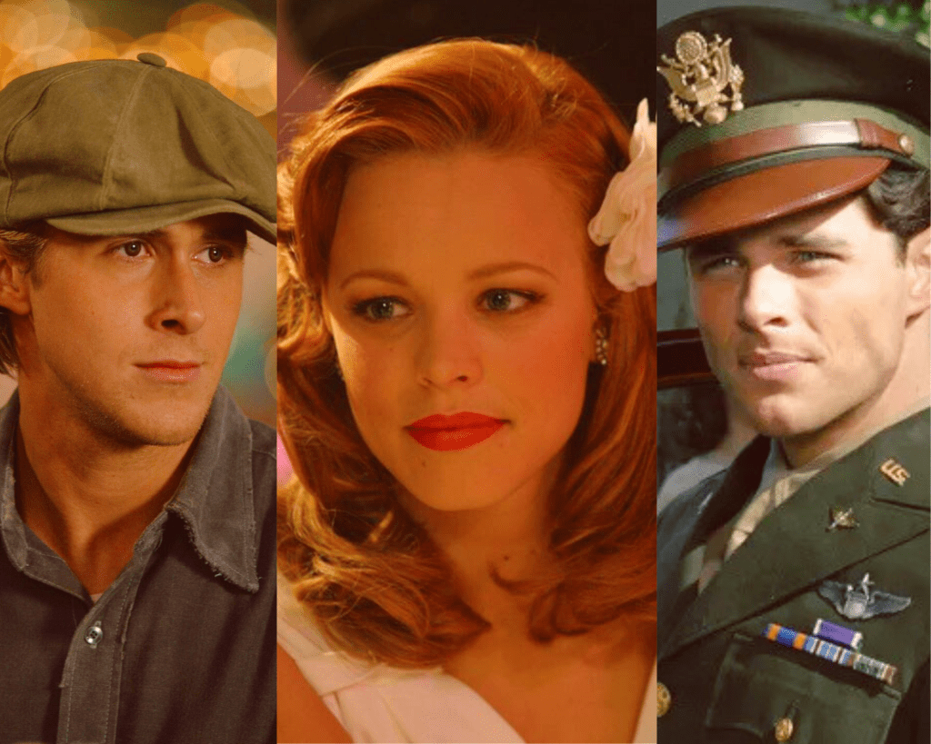 Collage of Ryan Gosling, Rachel McAdams, and James Marsden in the Notebook.